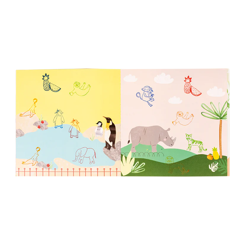 My Stamper Set | Jungle open booklet showing colorful jungle animal stamp scenes for creative storytelling.