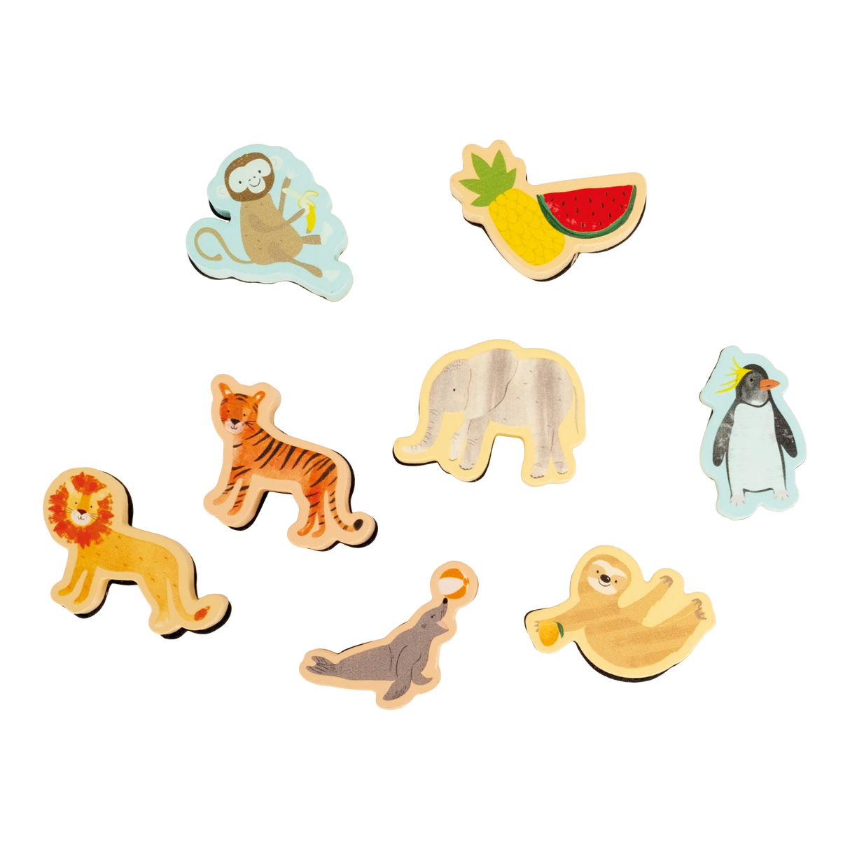 My Stamper Set | Jungle featuring wooden animal and fruit stamps including lion, monkey, tiger, elephant, and penguin.