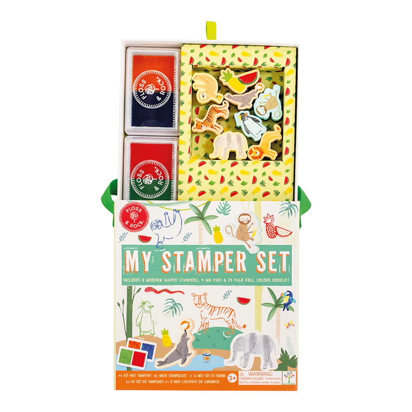 My Stamper Set | Jungle with 8 animal stamps, 4 ink pads, and a 24-page booklet in a reusable carry box.