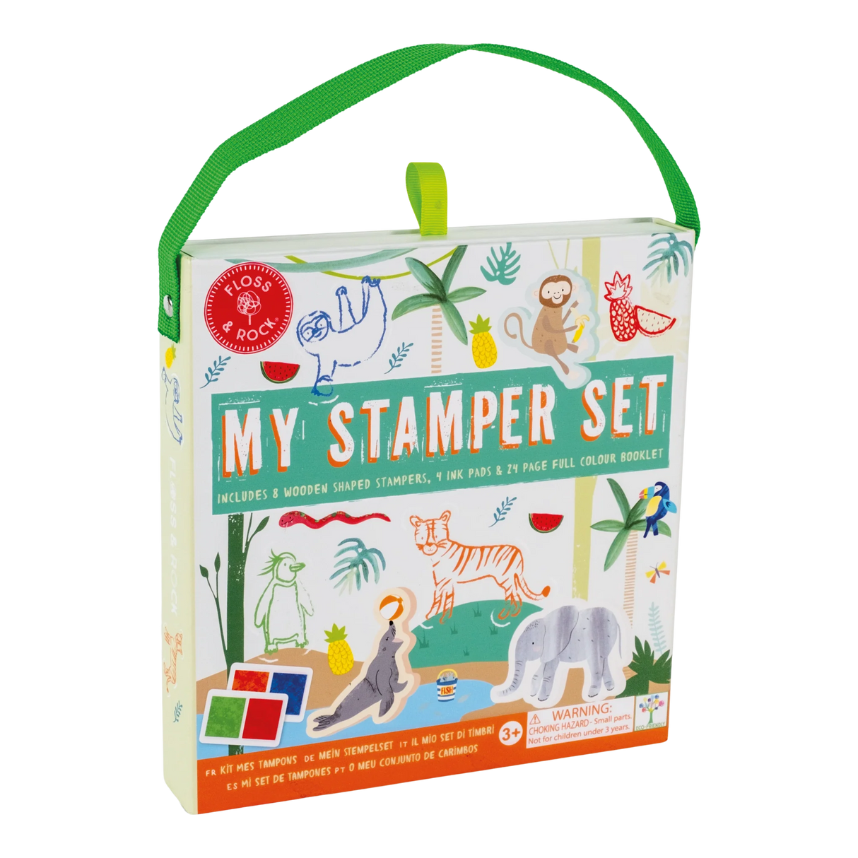 My Stamper Set | Jungle with 8 animal stampers, 4 ink pads, 24-page booklet, and carry case for creative jungle scenes.