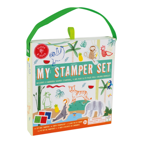 My Stamper Set | Jungle with 8 animal stampers, 4 ink pads, 24-page booklet, and carry case for creative jungle scenes.