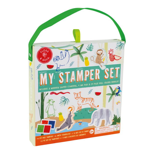 My Stamper Set | Jungle with 8 animal stampers, 4 ink pads, 24-page booklet, and carry case for creative jungle scenes.