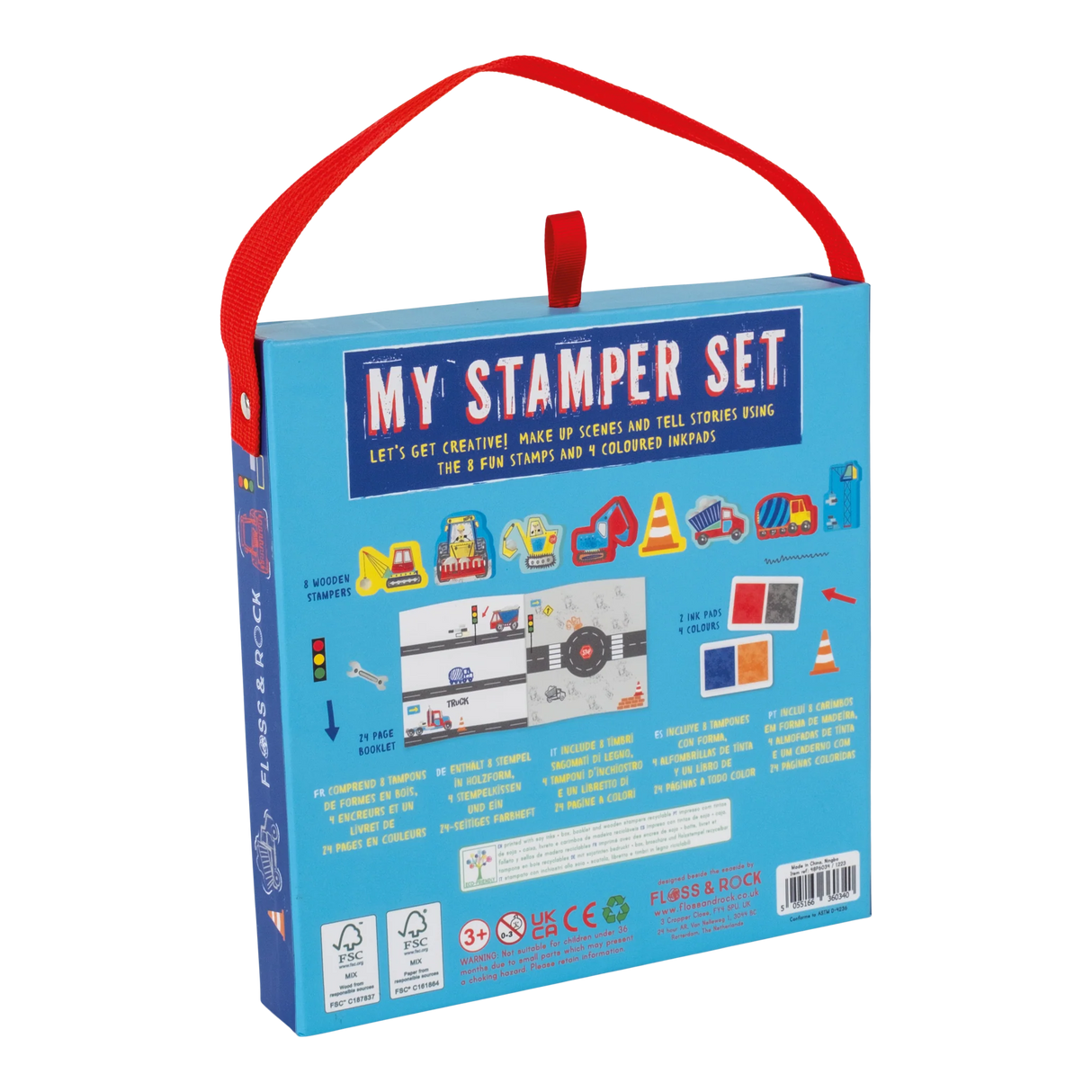 My Stamper Set | Construction in a blue carry case with stamps, ink pads, and a colorful booklet inside.
