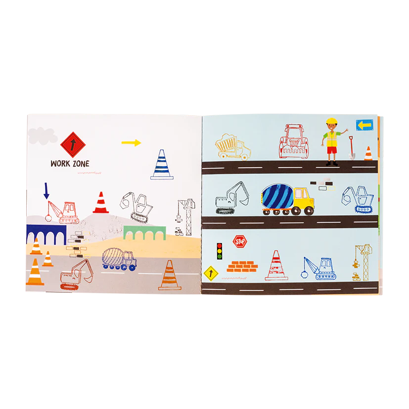 My Stamper Set | Construction open booklet showing colorful construction vehicles and signs for creative stamping fun.