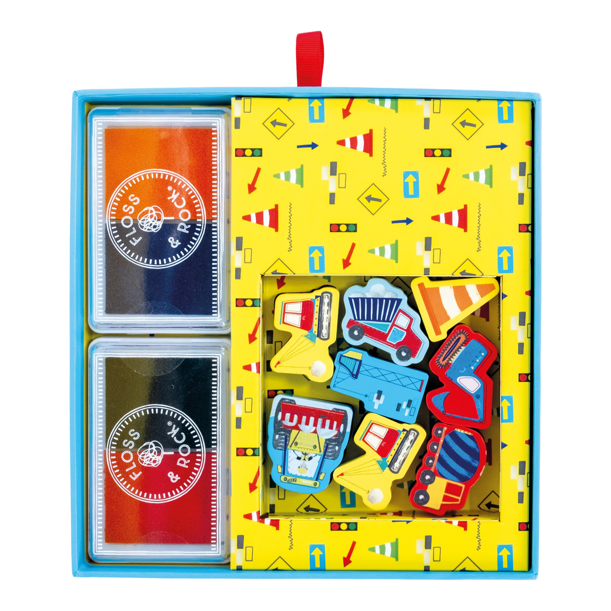 My Stamper Set | Construction with 8 wooden construction stamps, 4 ink pads, and colorful scene booklet in a carry case.