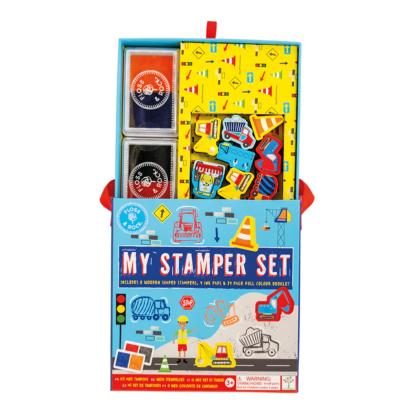 My Stamper Set | Construction with 8 stamps, 4 ink pads, 24-page booklet, and carry case for creative play.