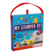 My Stamper Set | Construction with 8 wooden stampers, 4 ink pads, booklet, and carry case featuring construction designs.