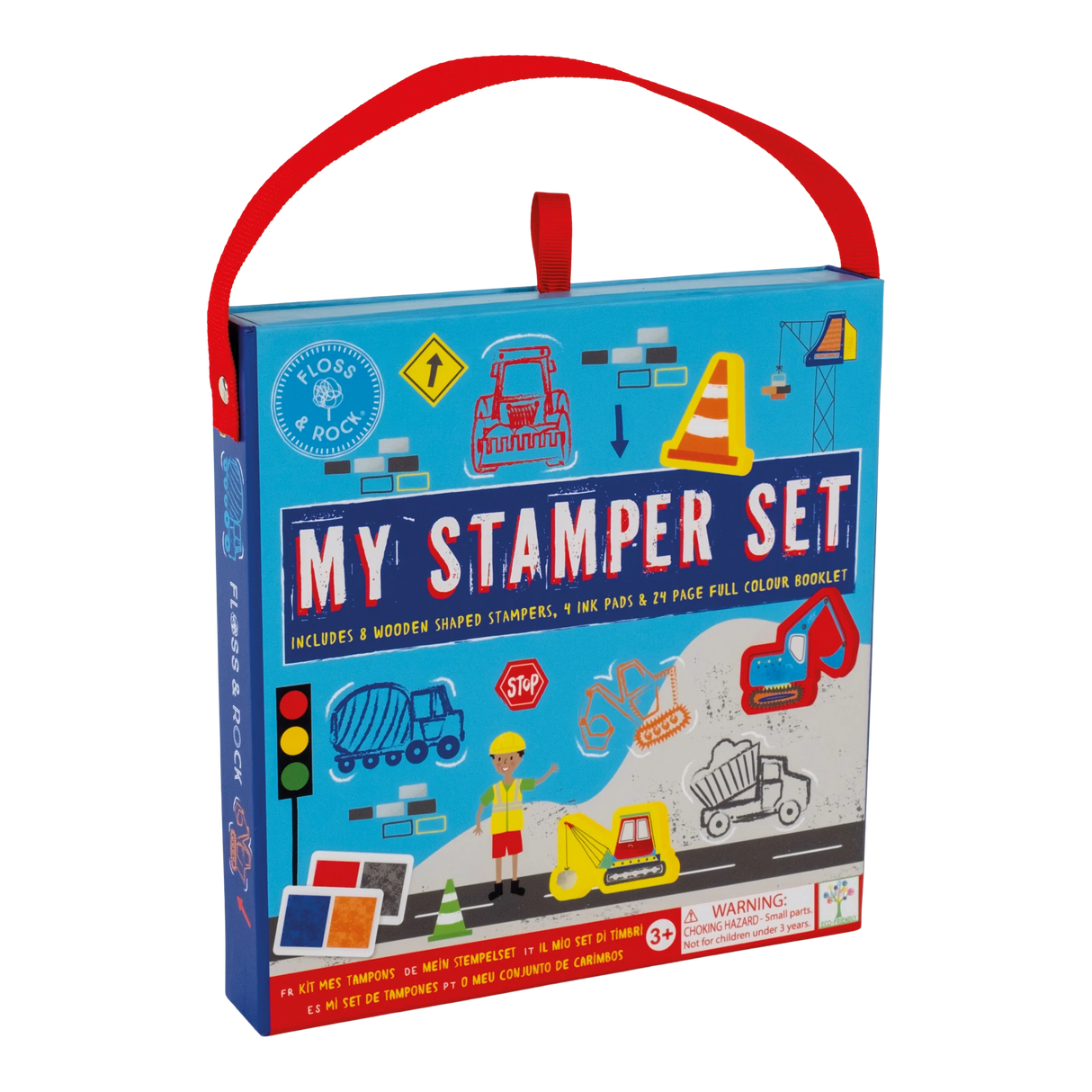 My Stamper Set | Construction with 8 wooden stampers, 4 ink pads, booklet, and carry case featuring construction designs.