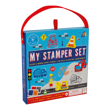 My Stamper Set | Construction with 8 wooden stampers, 4 ink pads, booklet, and carry case featuring construction designs.