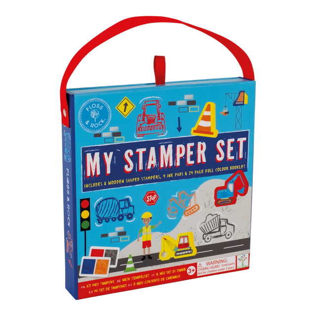 My Stamper Set | Construction with 8 wooden stampers, 4 ink pads, booklet, and carry case featuring construction designs.