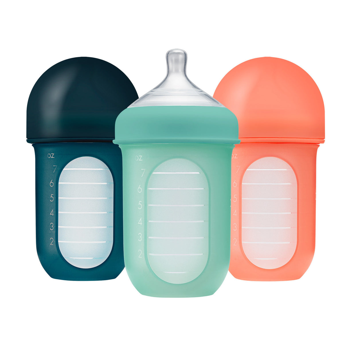 NURSE Silicone Bottles | Colors featuring three colorful, air-free, collapsible silicone baby bottles with easy latch nipples.