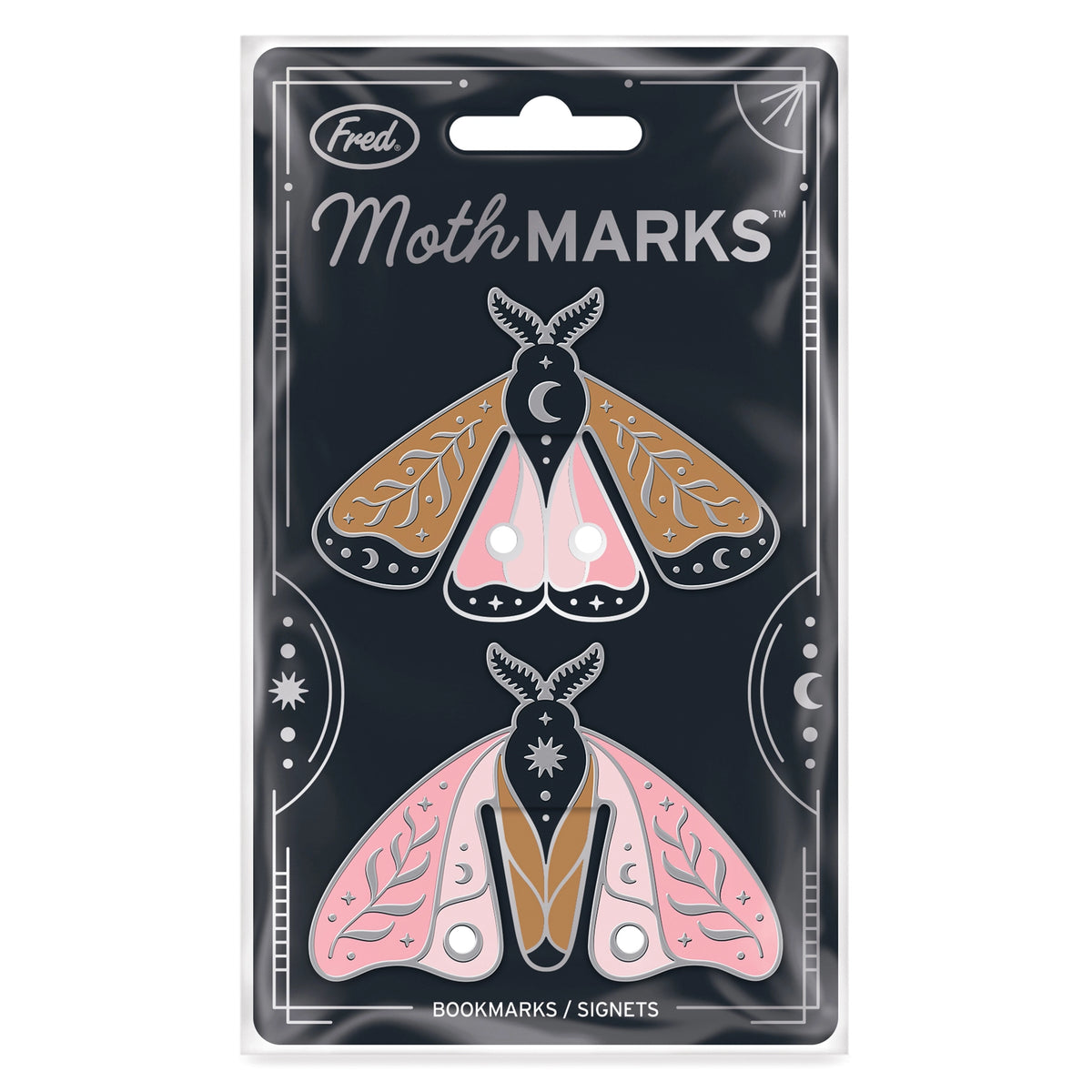 Moth Marks Bookmarks featuring two colorful illustrated moth designs in decorative packaging