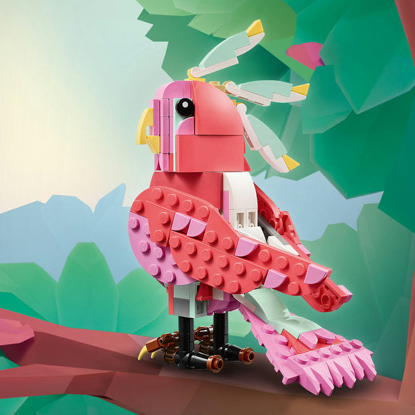 LEGO Creator Wild Animals: Pink Flamingo toy with posable head on plant stand in colorful nature background.