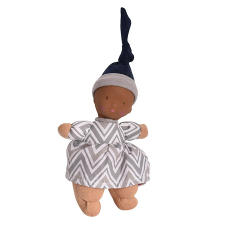 Precious Doll | Dark Skin with natural rubber head, soft cotton outfit, and playful hat suitable for newborns.