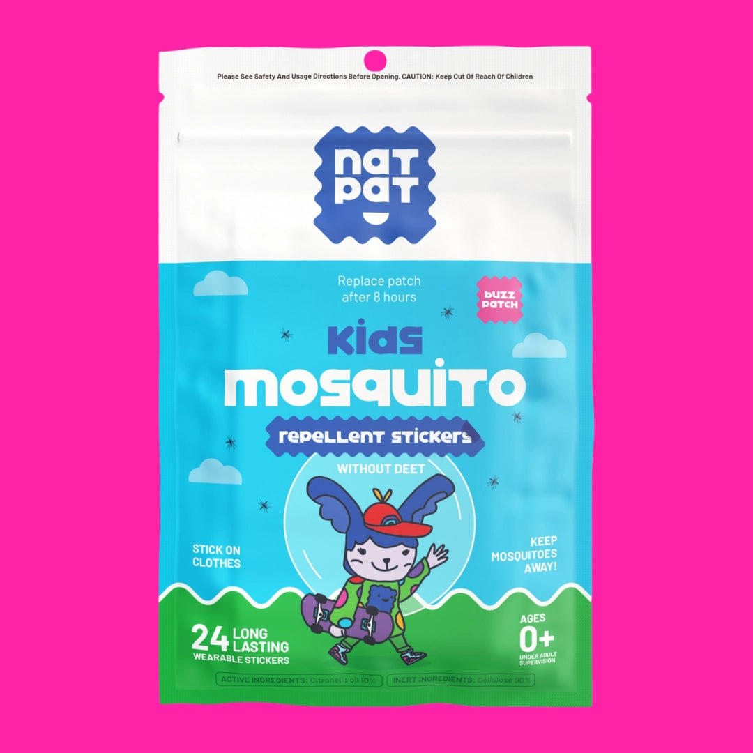Natpat | Buzzpatch Mosquito & Insect Repellent Stickers package for kids with 24 natural, DEET-free mosquito repellent stickers.