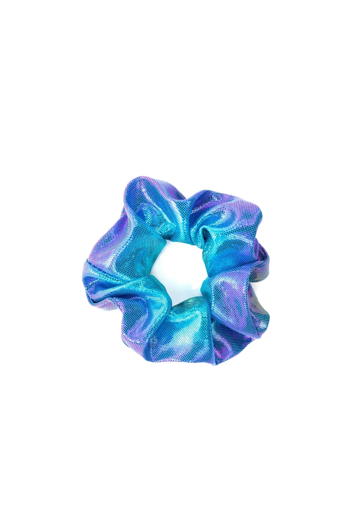 Seaside Scrunchie in shimmering teal and purple metallic spandex, perfect for durable and fun kids' hair accessories.