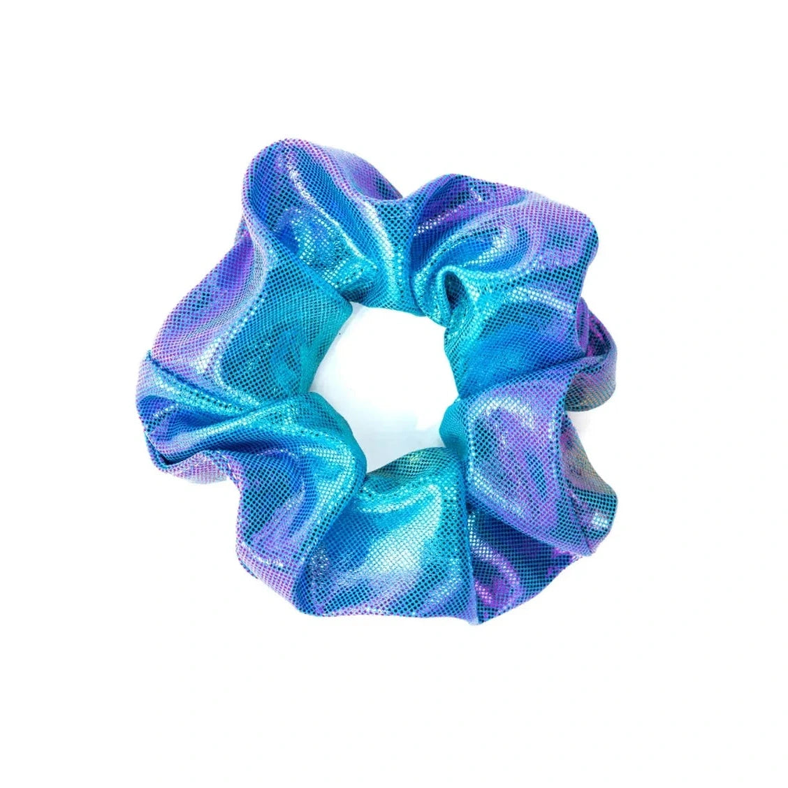 Seaside Scrunchie in shimmering teal and purple metallic spandex, perfect for durable and fun kids' hair accessories.