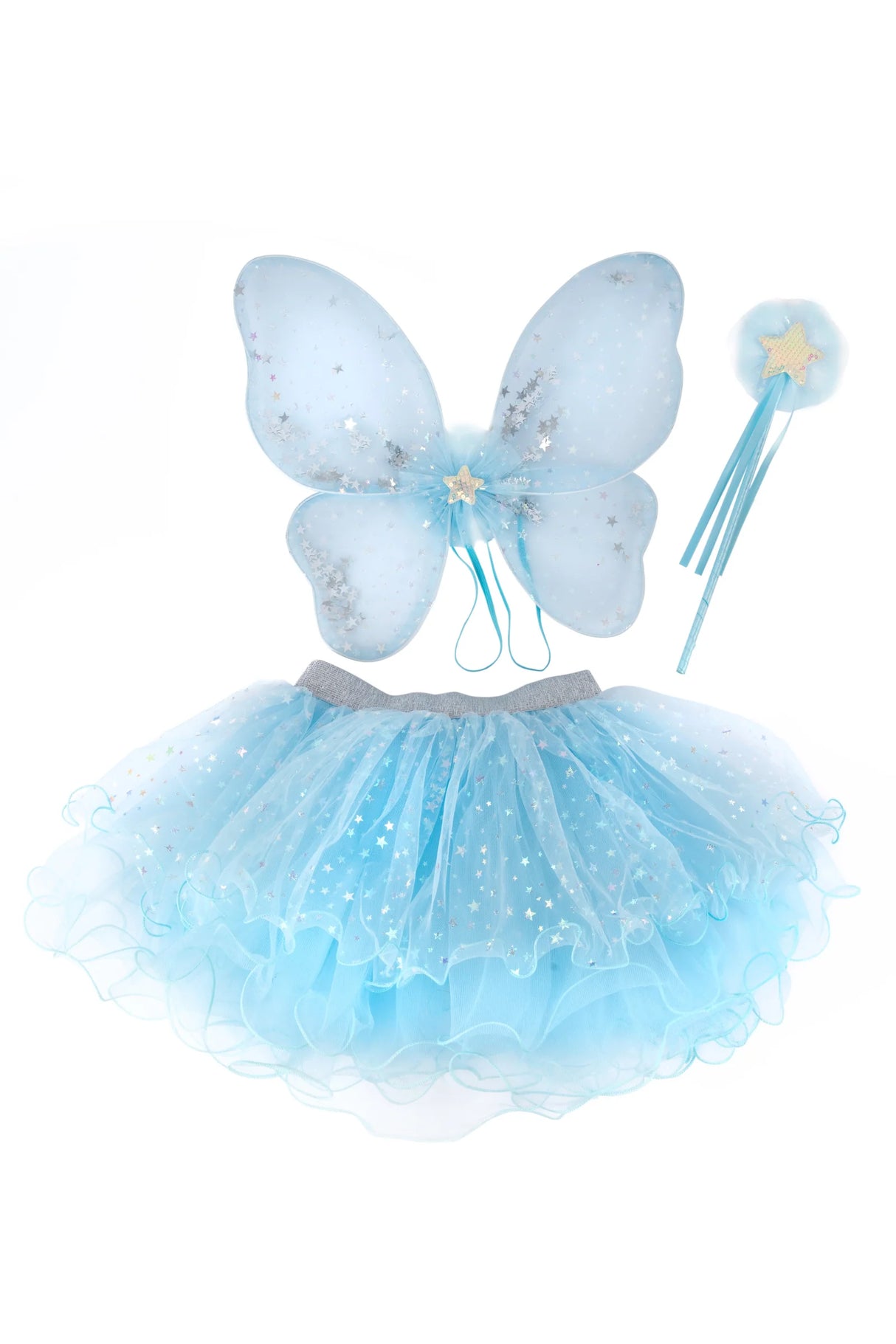 Light blue fairy wings with silver stars, matching layered tutu, and wand with star and ribbons for dress-up play.