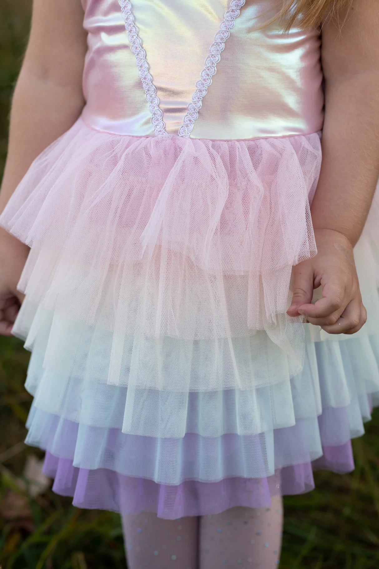 Rainbow Ruffle Tutu Dress | Size 5-6 featuring layered pastel tulle skirt and iridescent spandex top on a child outdoors.