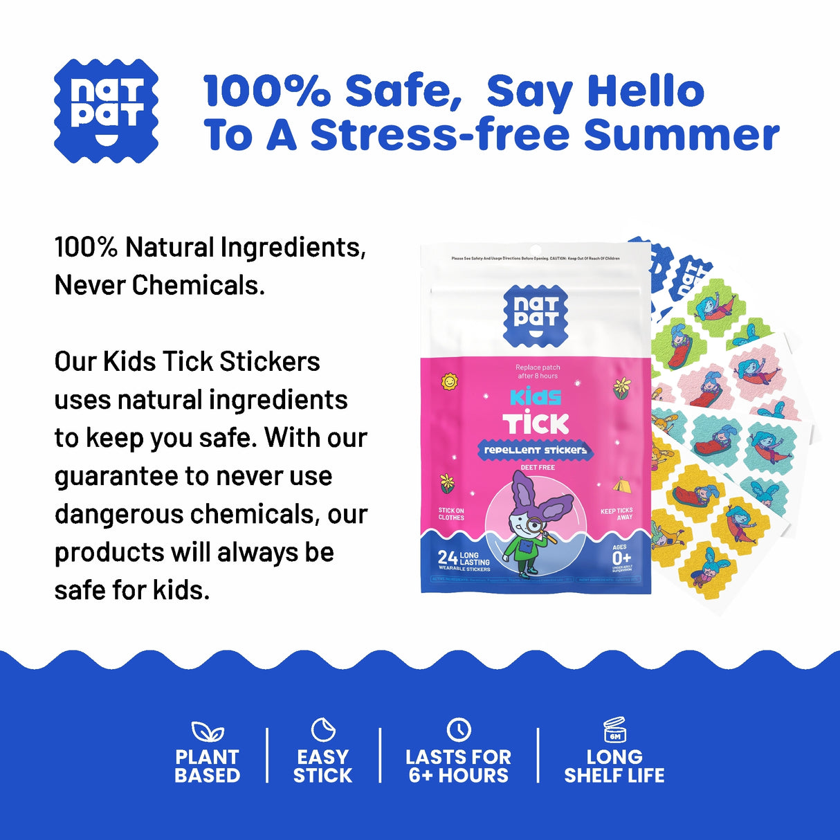 Natpat | Trailpatch Tick Repellent Stickers packaging with colorful, natural, plant-based insect protection stickers for kids.