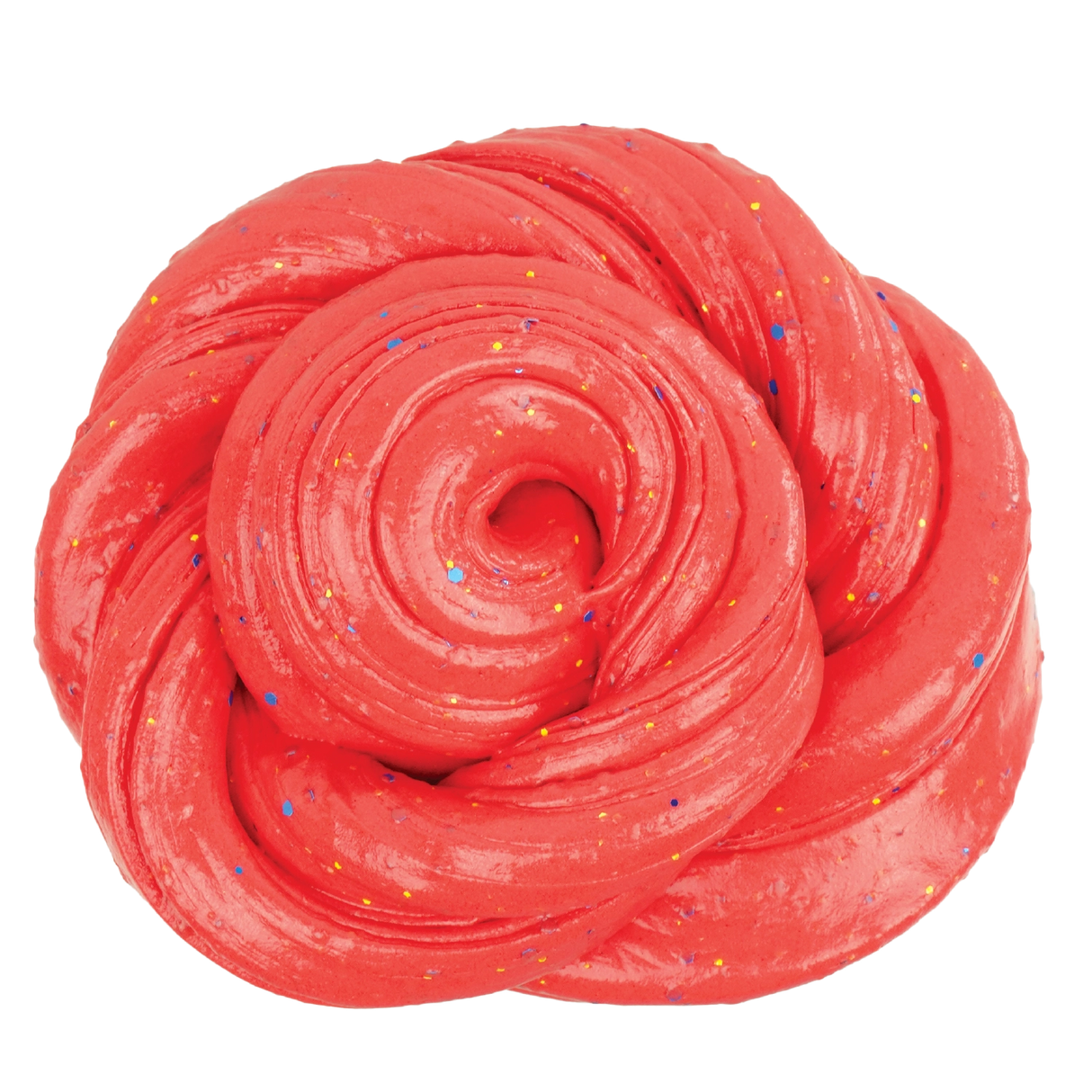 Bright red twisted slime with scattered multicolored glitter flakes on a white background