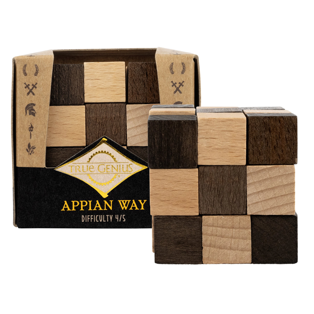 Wooden interlocking mini puzzle with alternating light and dark squares, displayed alongside its packaging box.