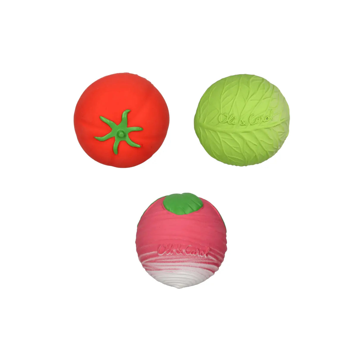 Three colorful sensory balls shaped like tomato, cabbage, and radish designed for baby teething and sensory play