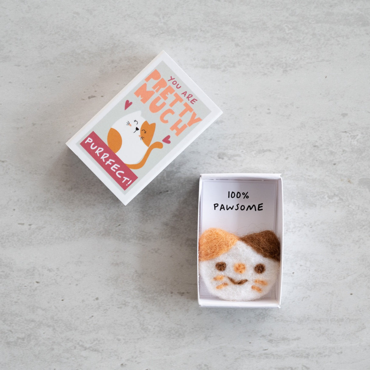You're Purrfect Felt Cat Matchbox showing a handmade wool felt cat with "100% Pawsome!" message inside the matchbox.