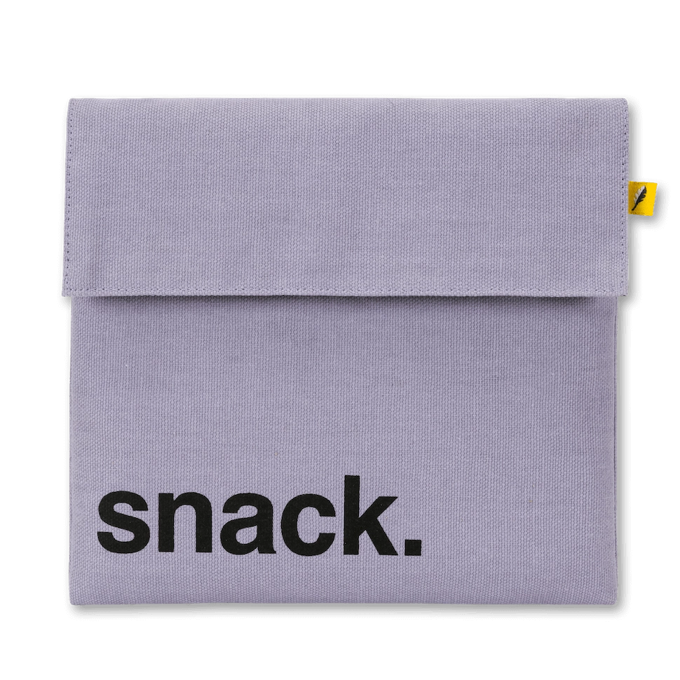 Reusable lavender-colored snack bag with hook and loop closure, made from organic and recycled materials.