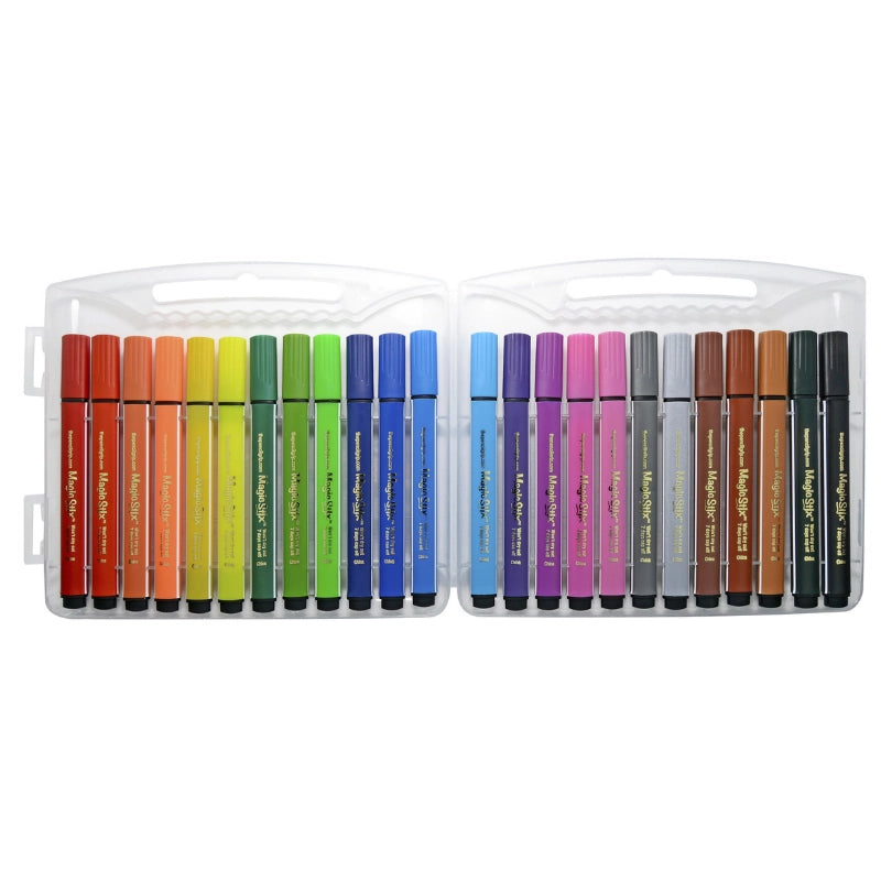 Magic Stix Markers 24pc set with vibrant, easy-grip triangular pens in assorted colors in a clear plastic case.