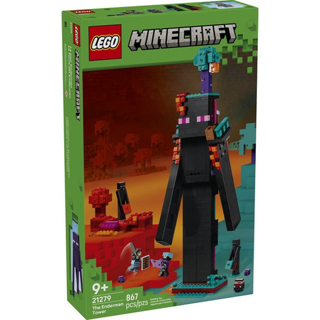 LEGO Minecraft The Enderman Tower building set with minifigures, Nether portal, ladders, and fantasy biome elements for ages 9 and up.