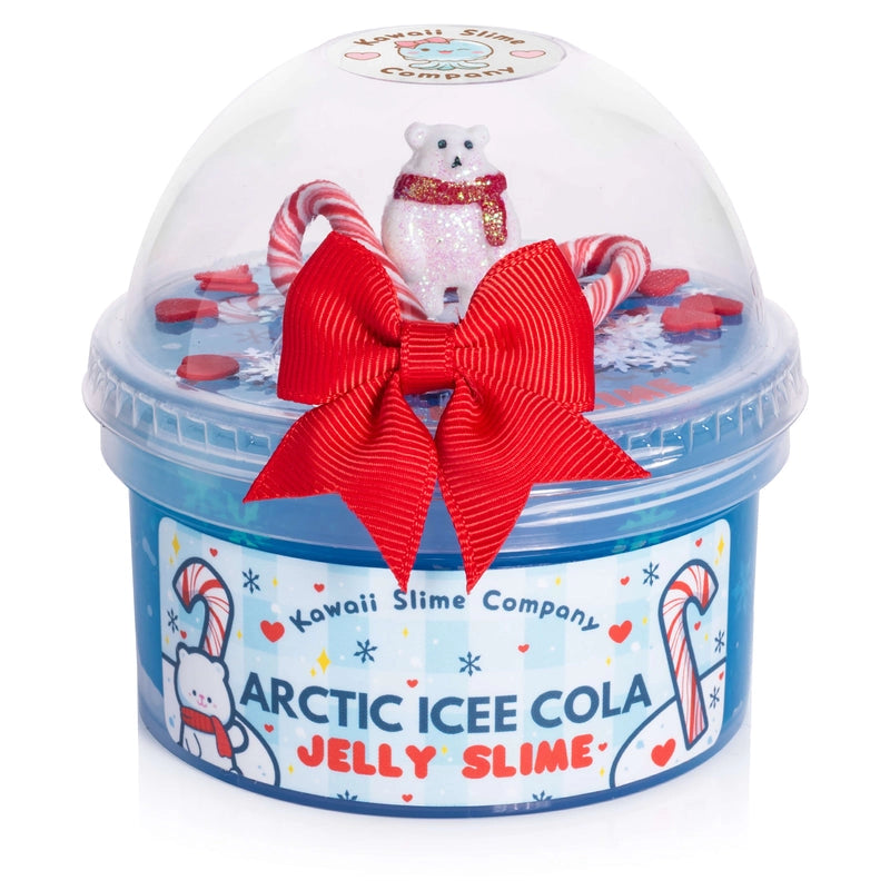 Arctic Icee Cola Soda Jelly Slime in a holiday-themed cup with polar bear charm and red bow decoration.