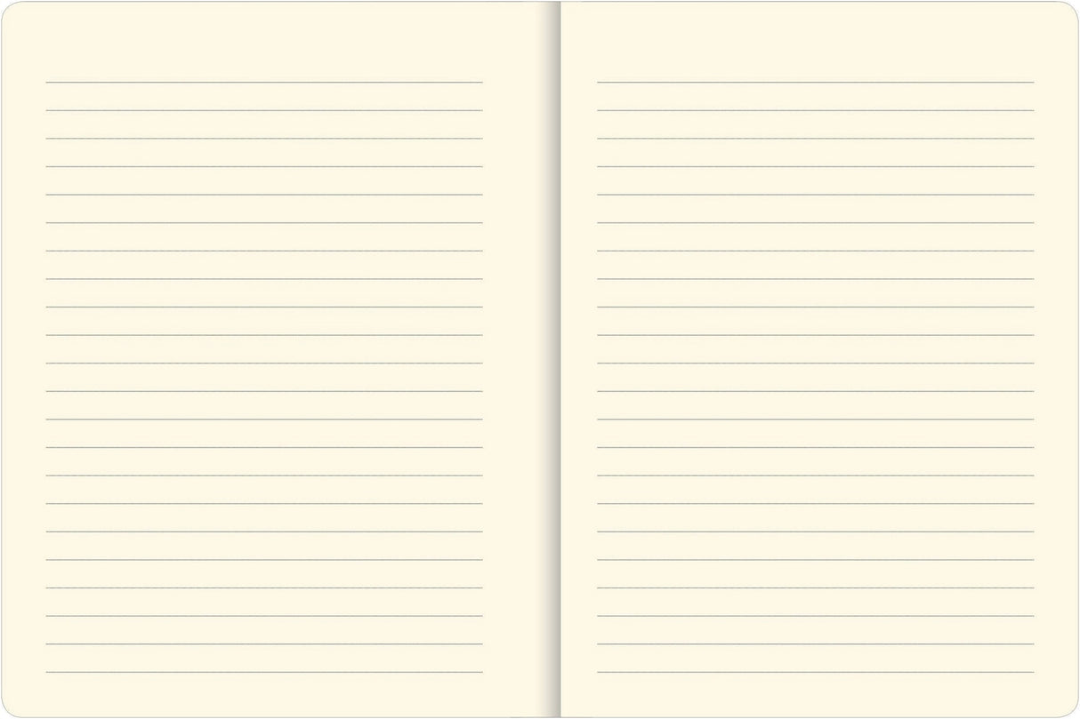 Open journal showing smooth, lined cream-colored pages perfect for writing or sketching creative ideas.