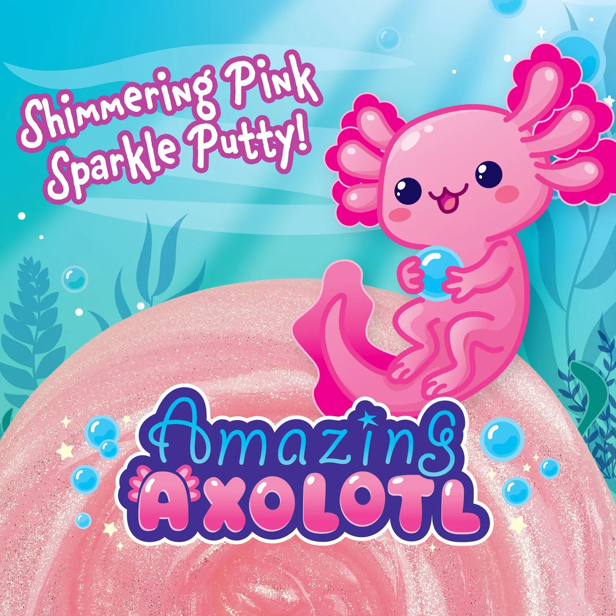 Bright pink shimmering putty with a cute cartoon axolotl holding a blue orb underwater background