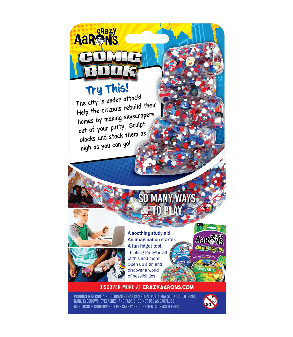 Trendsetters Comic Book Thinking Putty packaging showing colorful putty with comic book style design and play instructions.