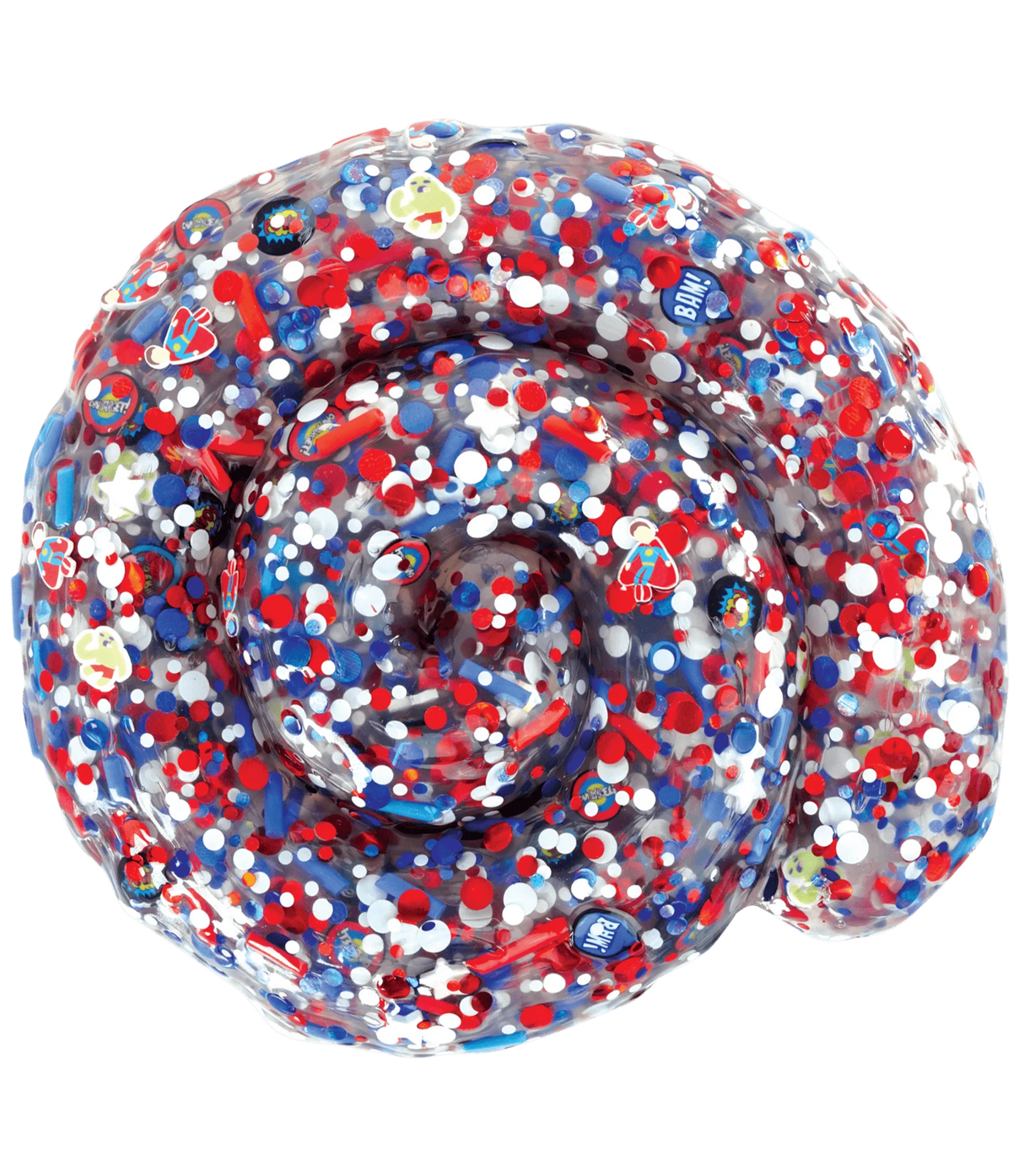 Trendsetters Comic Book Thinking Putty with colorful confetti and comic-inspired pieces in a stretched spiral shape.