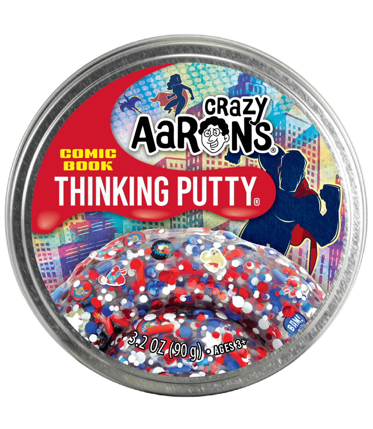 Crazy Aaron's Trendsetters Comic Book Thinking Putty with colorful red, white, and blue confetti inside a tin container.