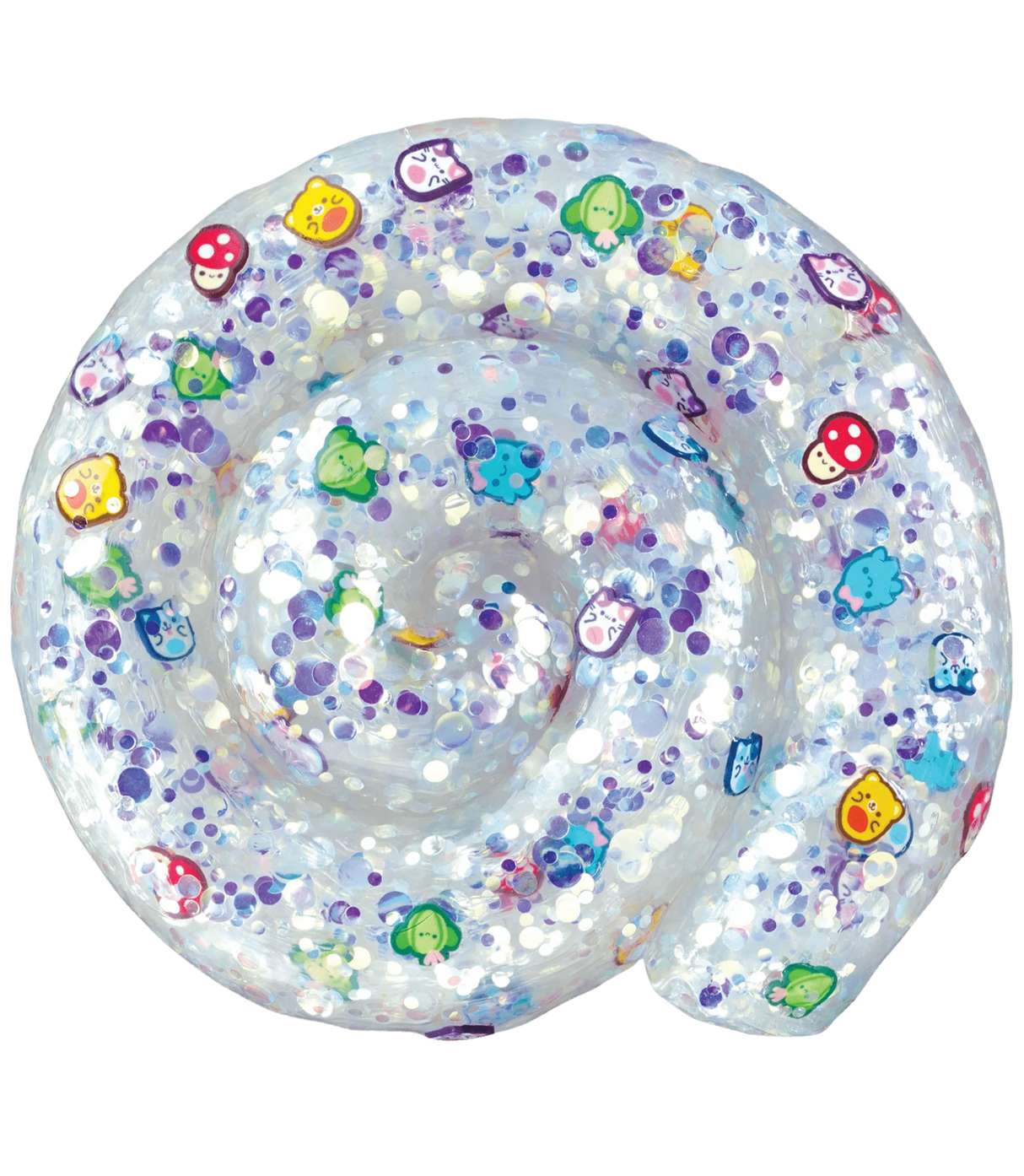 Clear spiral-shaped Trendsetters Kawaii Cute Thinking Putty with colorful kawaii character designs and glitter details.
