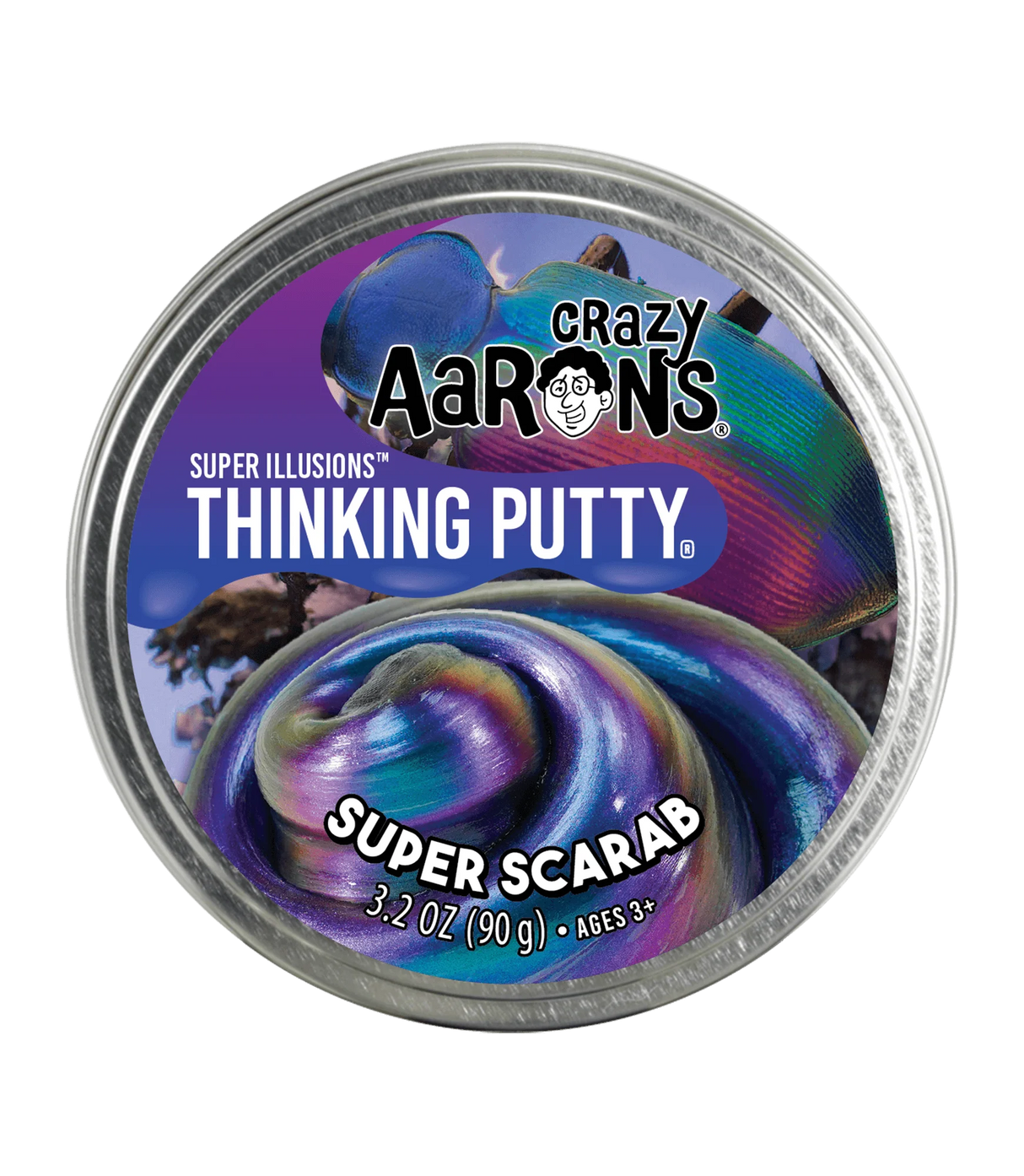 Super Illusions Super Scarab Thinking Putty tin displaying color-shifting purple, blue, and teal putty swirl.