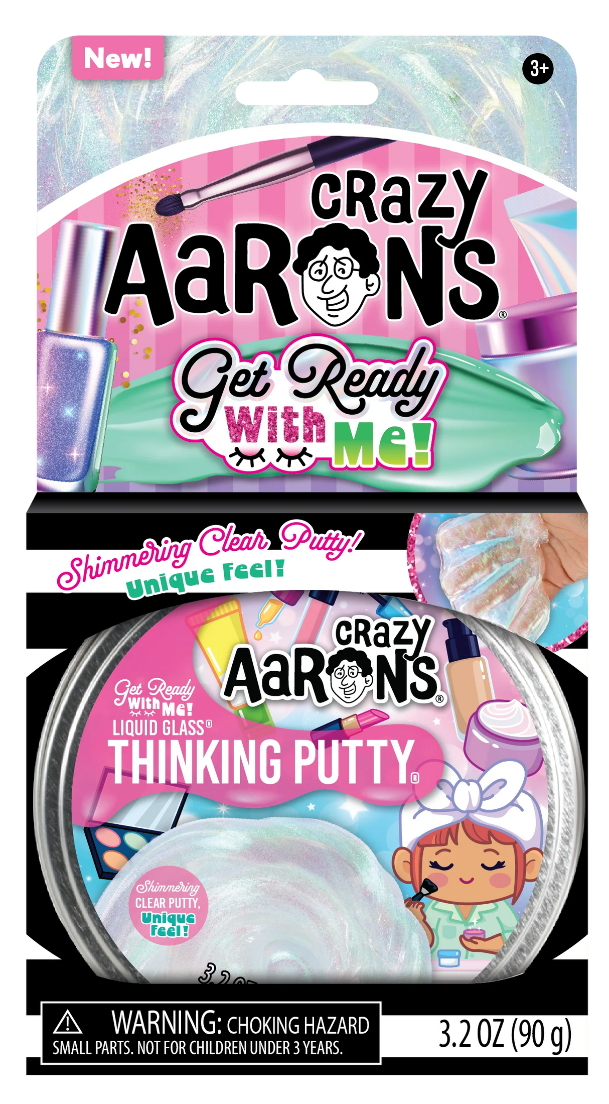 Crazy Aaron’s Liquid Glass Get Ready With Me Thinking Putty shimmering clear putty with pink and teal sparkles in a tin.
