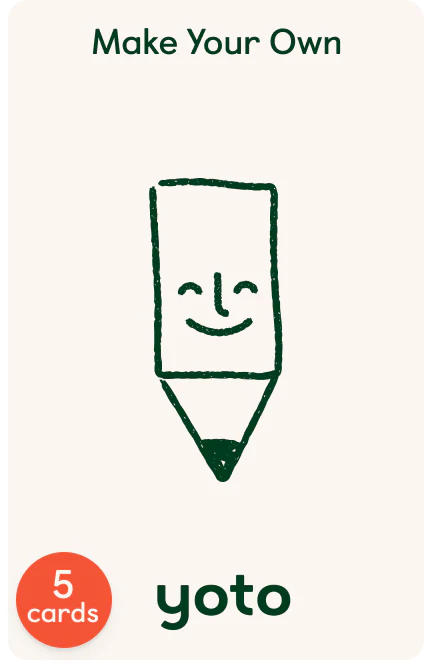 Simple smiling pencil drawing with Make Your Own text above and yoto logo below on cream background