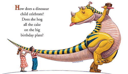 How Do Dinosaurs Say Happy Birthday? shows a child offering cake to a cheerful yellow Ceratosaurus in birthday celebration.