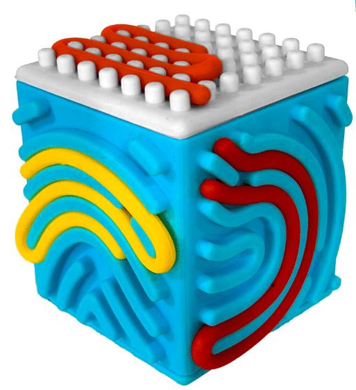 Blue silicone cube toy with colorful bendable noodles woven through fun pathways for creative play and storage.