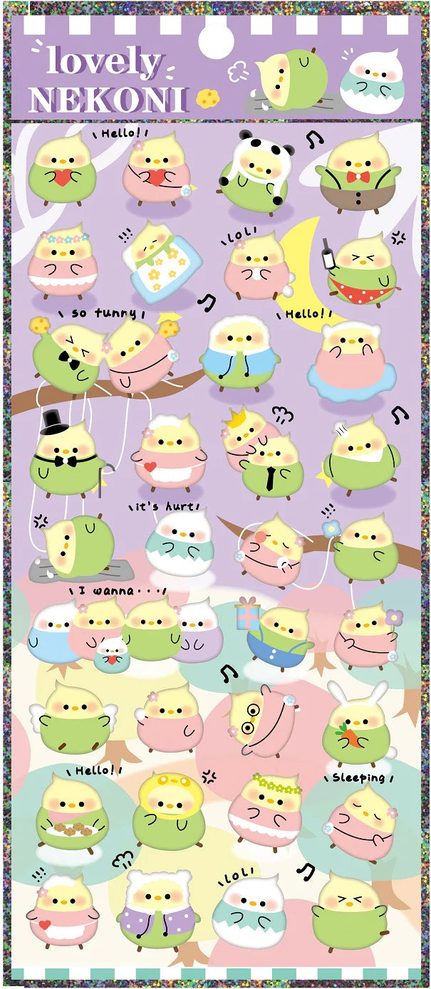 Parrot Nekoni Stickers featuring cute colorful cartoon birds in various fun poses and outfits on a purple background.