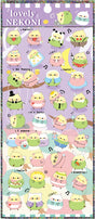 Parrot Nekoni Stickers featuring cute colorful cartoon birds in various fun poses and outfits on a purple background.