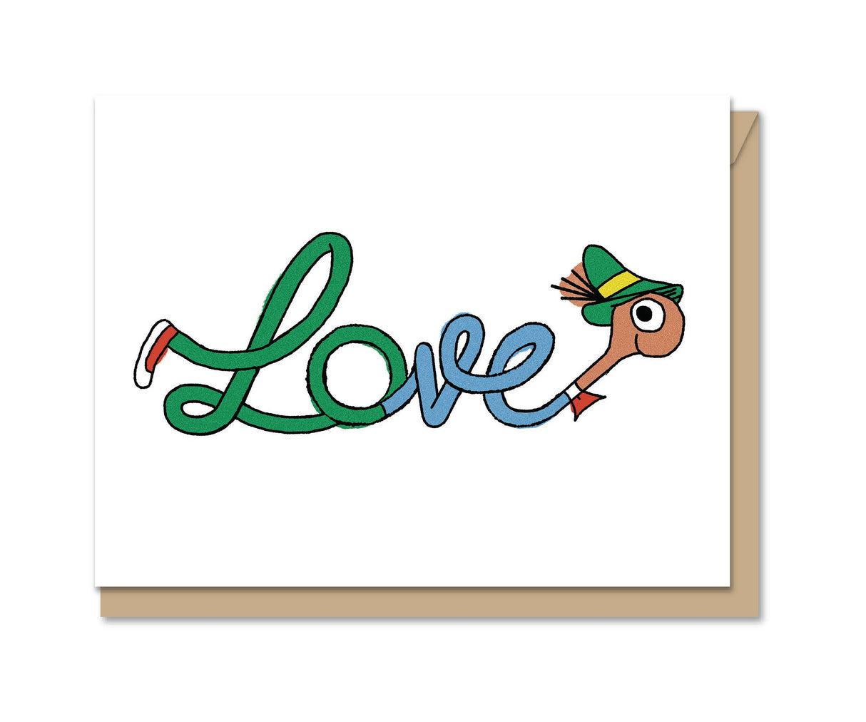 Illustration of Lowly Worm forming the word Love with his body on a white background greeting card