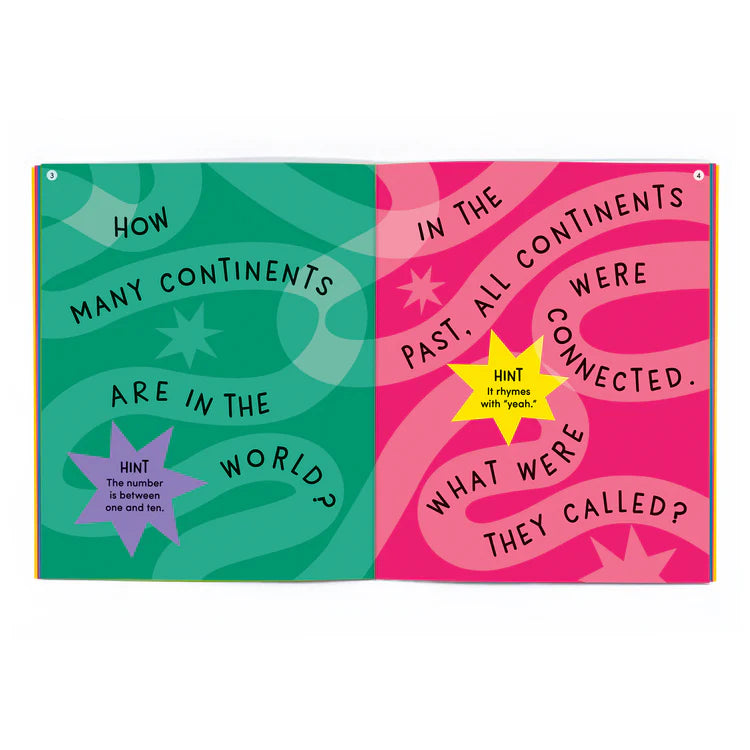 Open page of a book with simple questions and bright colors.