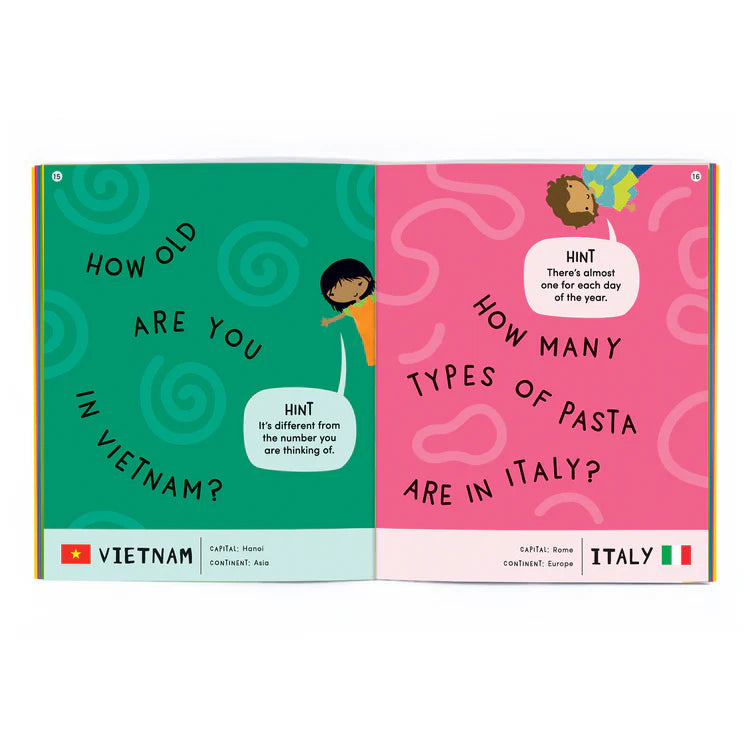 Open page of a book with bright colors and simple questions.