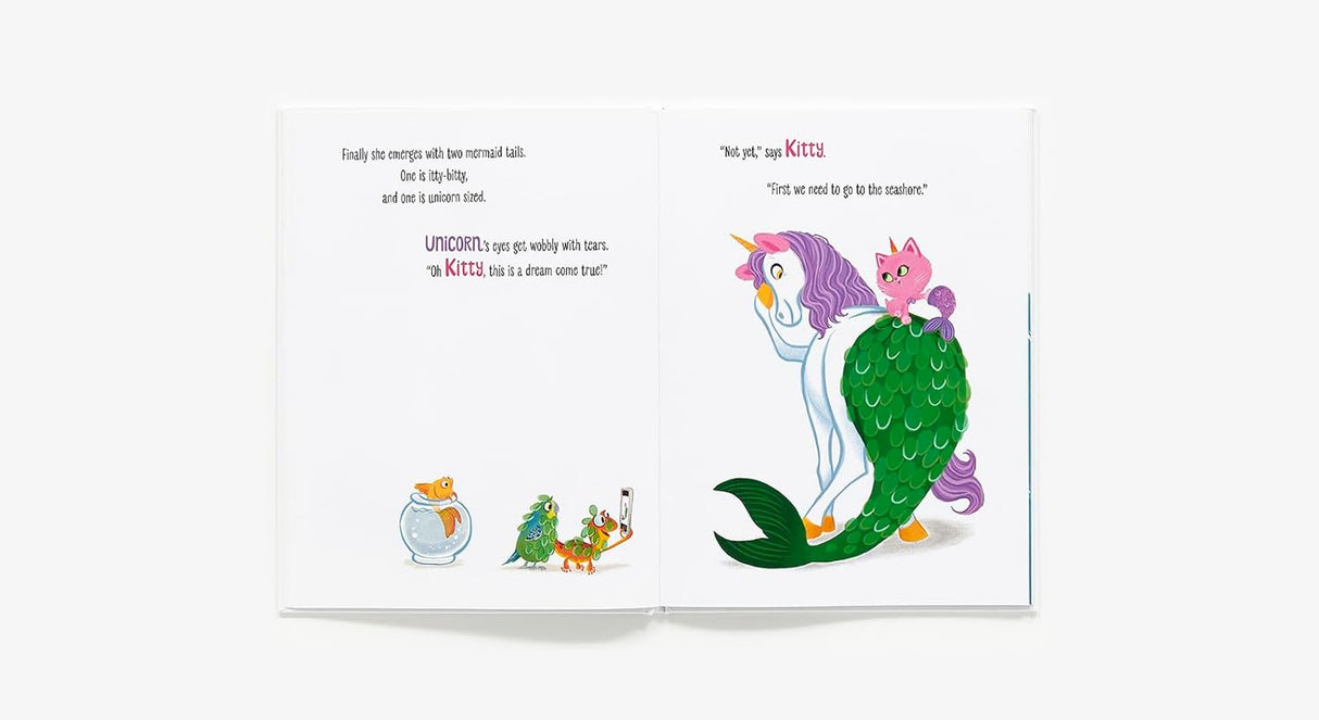 Open book illustration from Bubbly Beautiful Kitty-Corn showing Unicorn with a mermaid tail and Kitty on its back, colorful art.