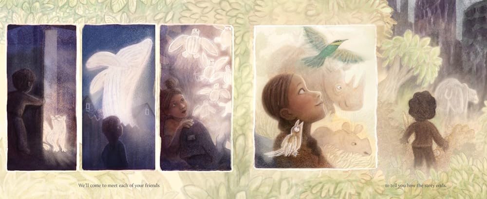 The Solar Bear book illustration shows a child surrounded by glowing animals in a forest, inspiring care for Earth.